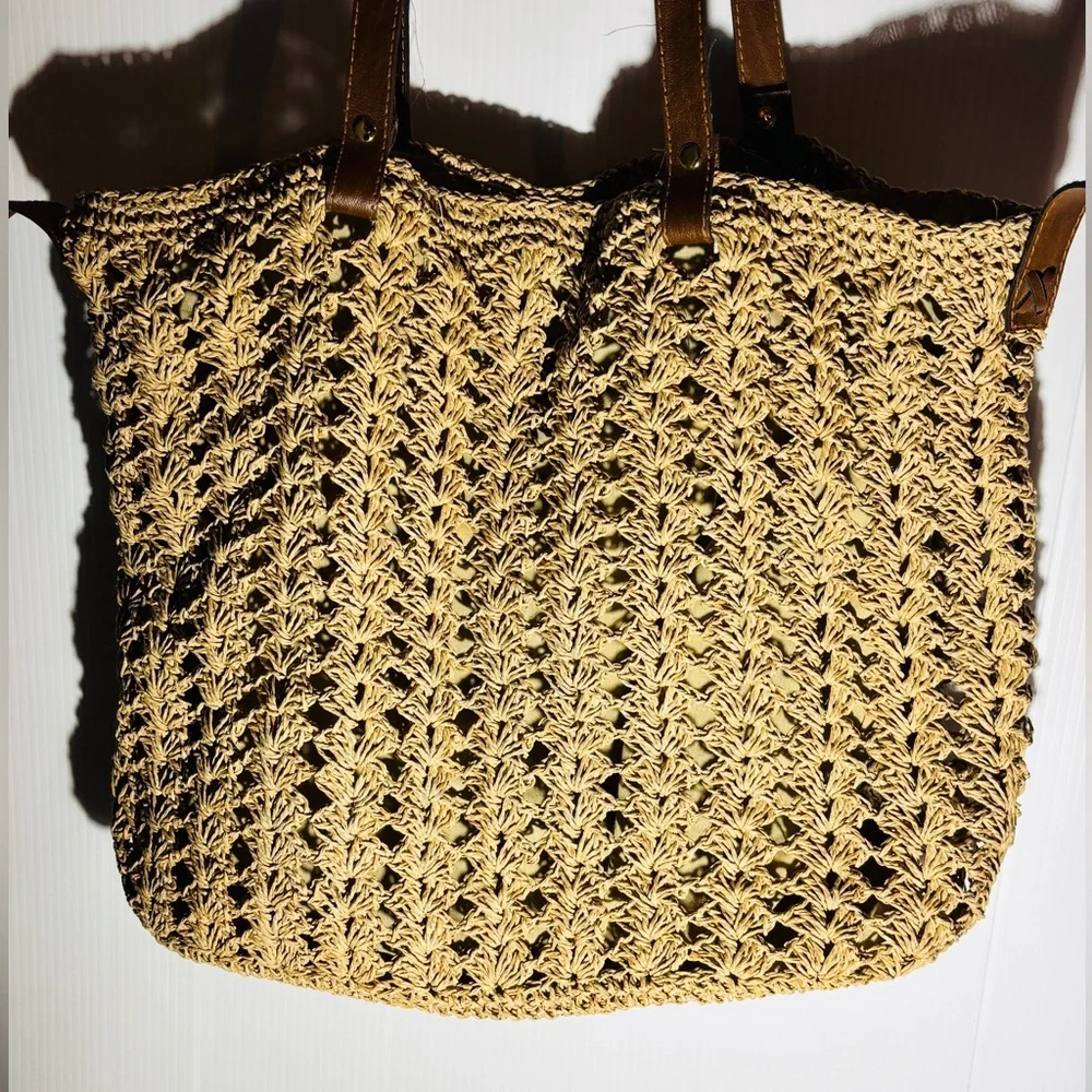 St Johns Bay Woven Straw Tote Tan Boho Shoulder Bag